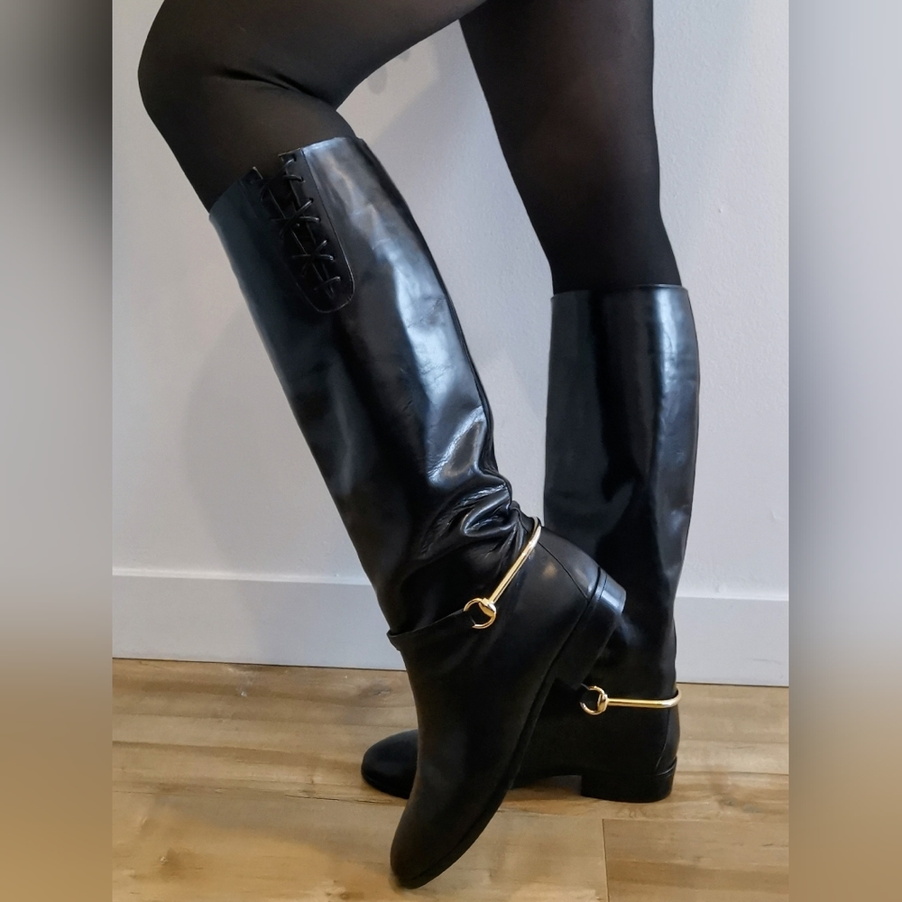 *sold* Vintage 90s Gucci black leather equestrian boots, luxury footwear